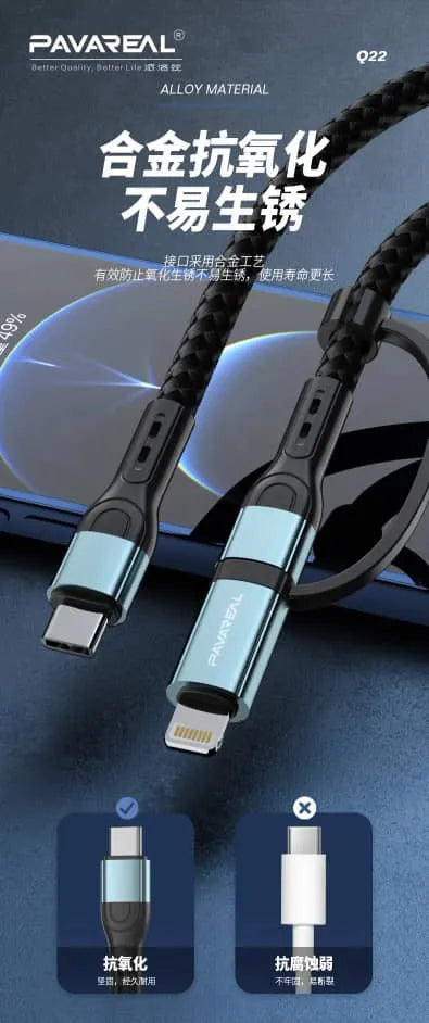 Pavareal Q22 2 In 1 Dual Type-C + Lightning Interchange Charging Cable