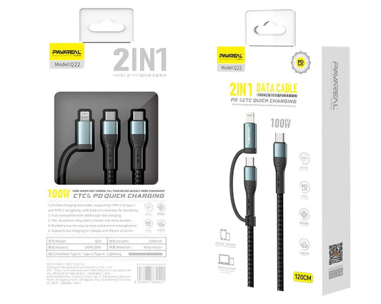 Pavareal Q22 2 In 1 Dual Type-C + Lightning Interchange Charging Cable